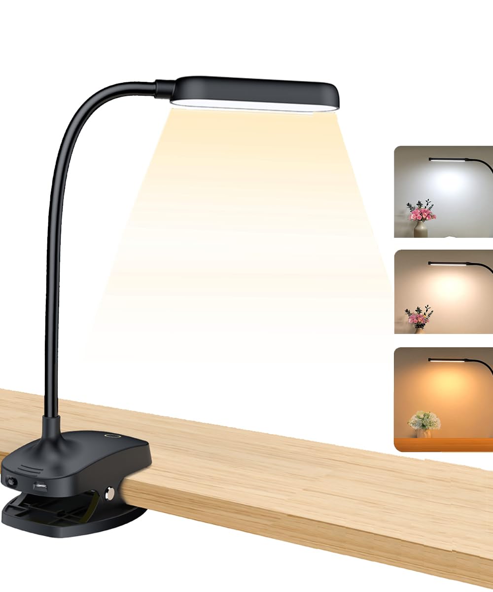 Colorlife Clip-On Desk Lamp - 7W Rechargeable Gooseneck Light, Stepless Brightness, Black, Model Cl-Db01