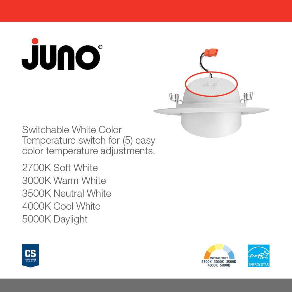 Juno Adjustable LED Downlight Trim Kit, 5/6-Inch, Switchable CCT 2700K-5000K, Baffle, Model RB56A SWW5 MW M