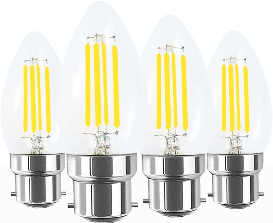 Lamsky 4W B22 Bayonet Led Filament Candle Light Bulb,6000K Daylight White 400Lm,C35 Shape Bullet Top,40W Incandescent Equivalent