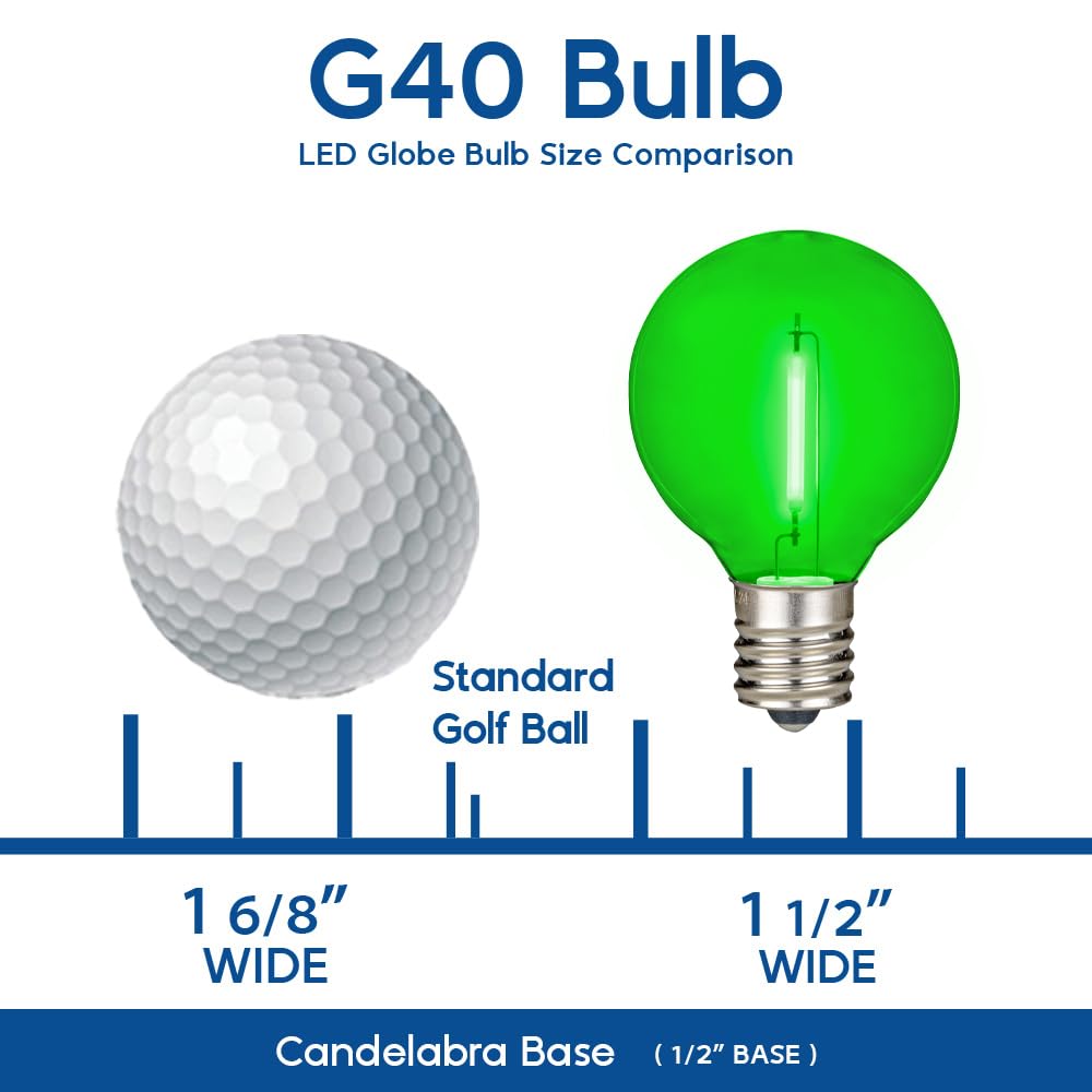 Novelty Lights 25 Pack Green G40 Led Filament String Light Bulbs  E12/C7 Candelabra Base  5 Watt Equivalent  Shatterproof Replacement Bulbs For Patios  Canopy Lighting