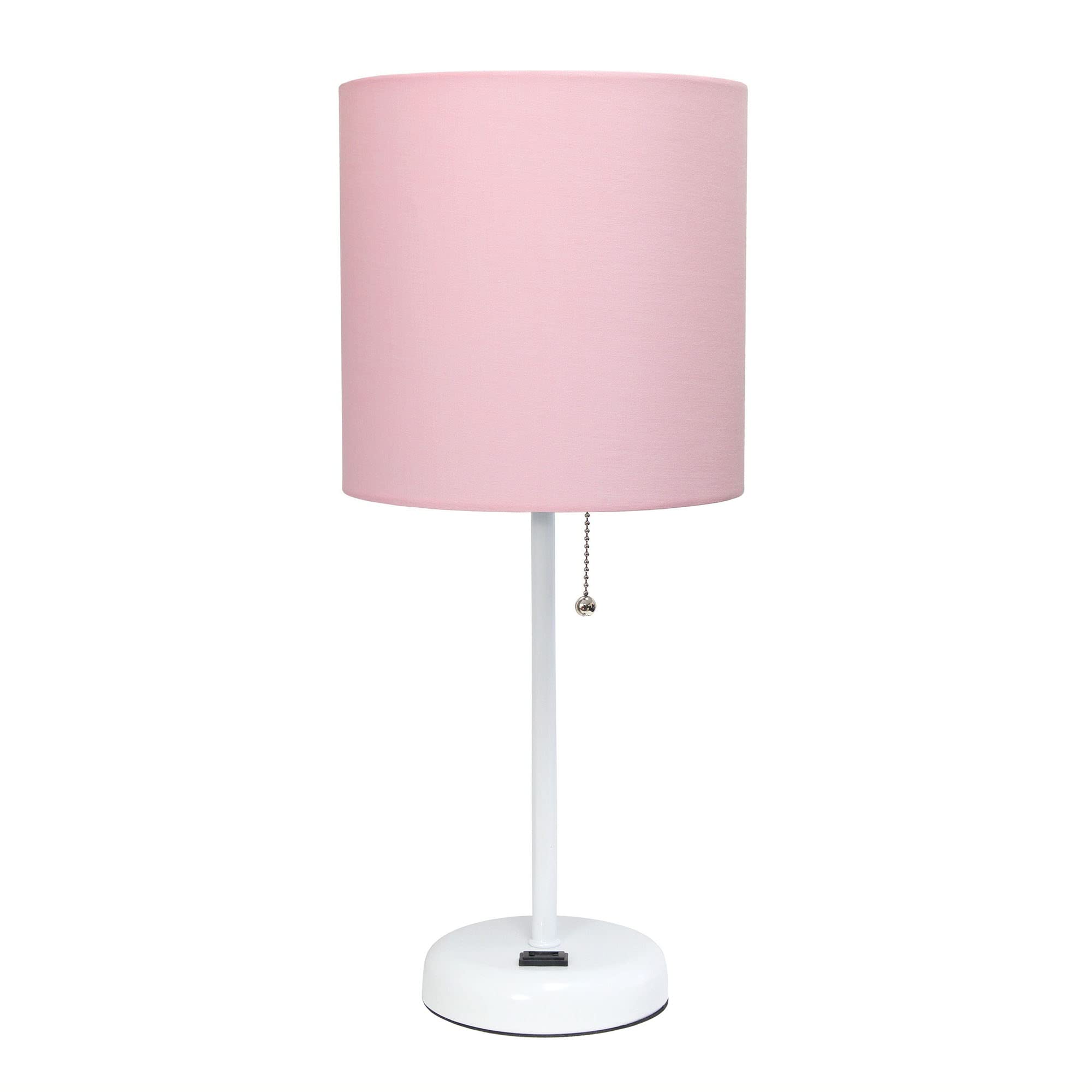 Creekwood Home Oslo 19.5&quot; Contemporary Bedside Power Outlet Base Standard Metal Table Desk Lamp In White With Light Pink Drum Fabric Shade