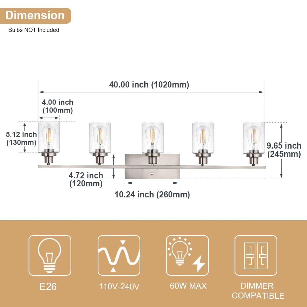 WINSHEN Bathroom Vanity Lighting Fixture, 5-Lights, 40-Inches, Brushed Nickel, Industrial Sconce with Seeded Glass Shades, Model SG-51S-5L