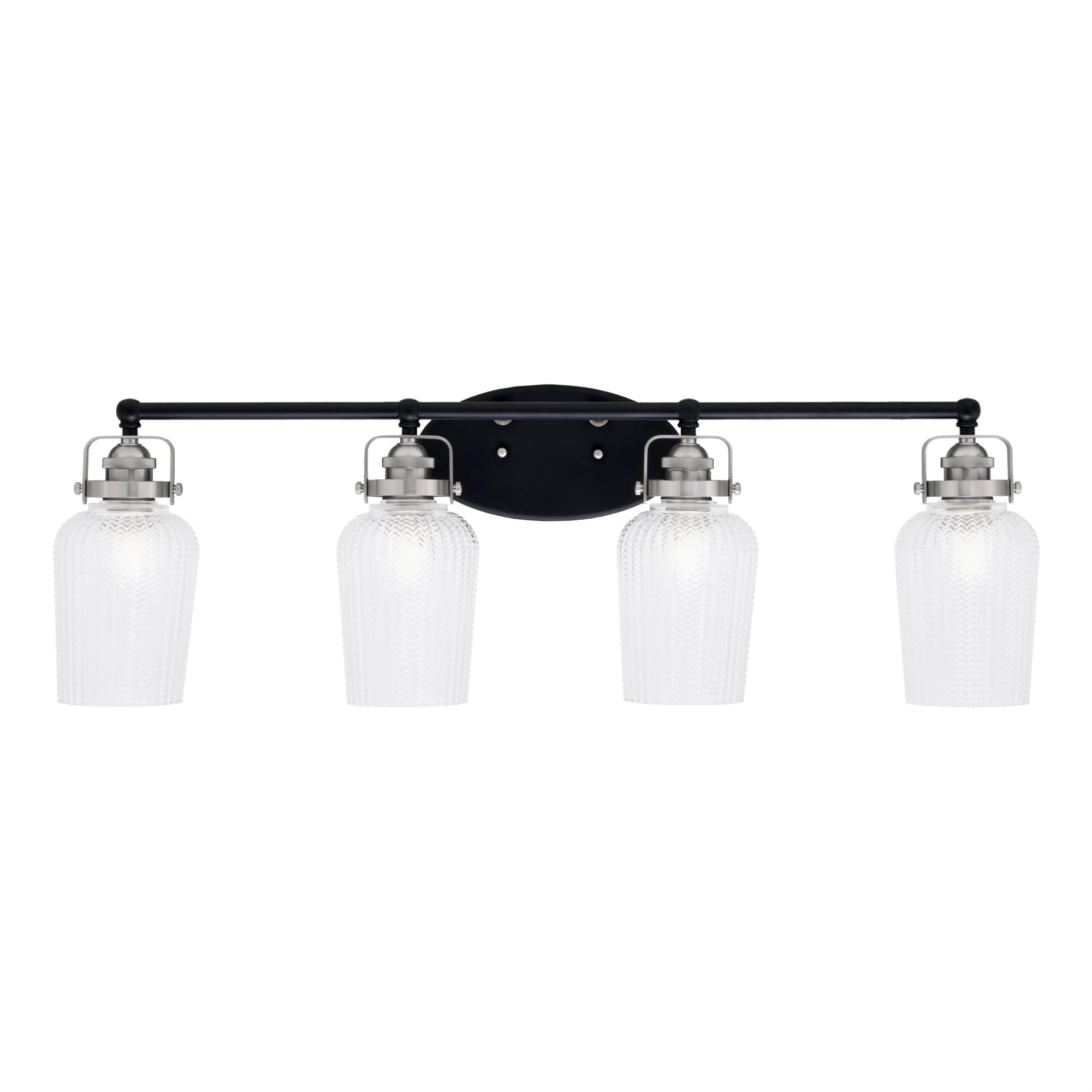 Easton 4 Light Bath Bar Shown In Matte Black & Brushed Nickel Finish With 5" Clear Textured Glass