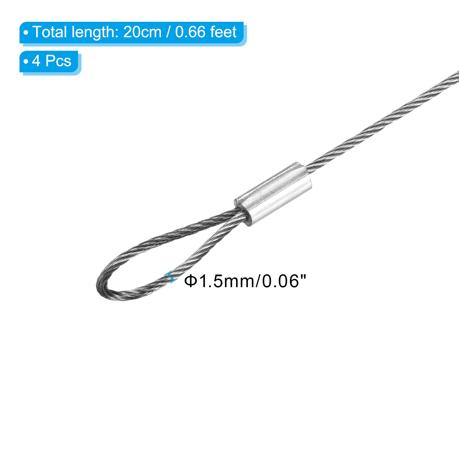 Patikil 8 Inch Safety Security Cable Wire, 4 Pack Stainless Steel 20Cmx1.5Mm Stage Lights Rope With Double Loop For Dj Lighting