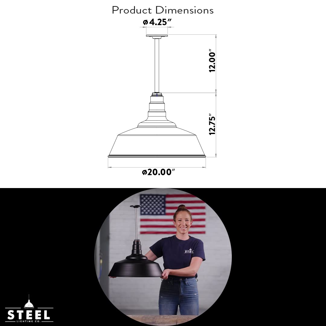 Steel Lighting Co. Pendant Light | 20in Dome | 12in Sloped Stem | Matte Black/White | Alloy Steel | Model S20-1M-PR12-08-SL12