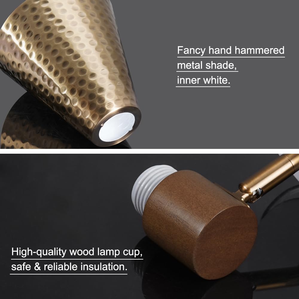 Dsmjfu Gold Plug In Wall Sconces Set Of 2, Modern Wall Lamp With Plug In Cord, Wooden Plug In Wall Light With Hammered Metal Shade,Wall Mounted Lamp For Bedroom, Living Room, Hallway, Bathroom