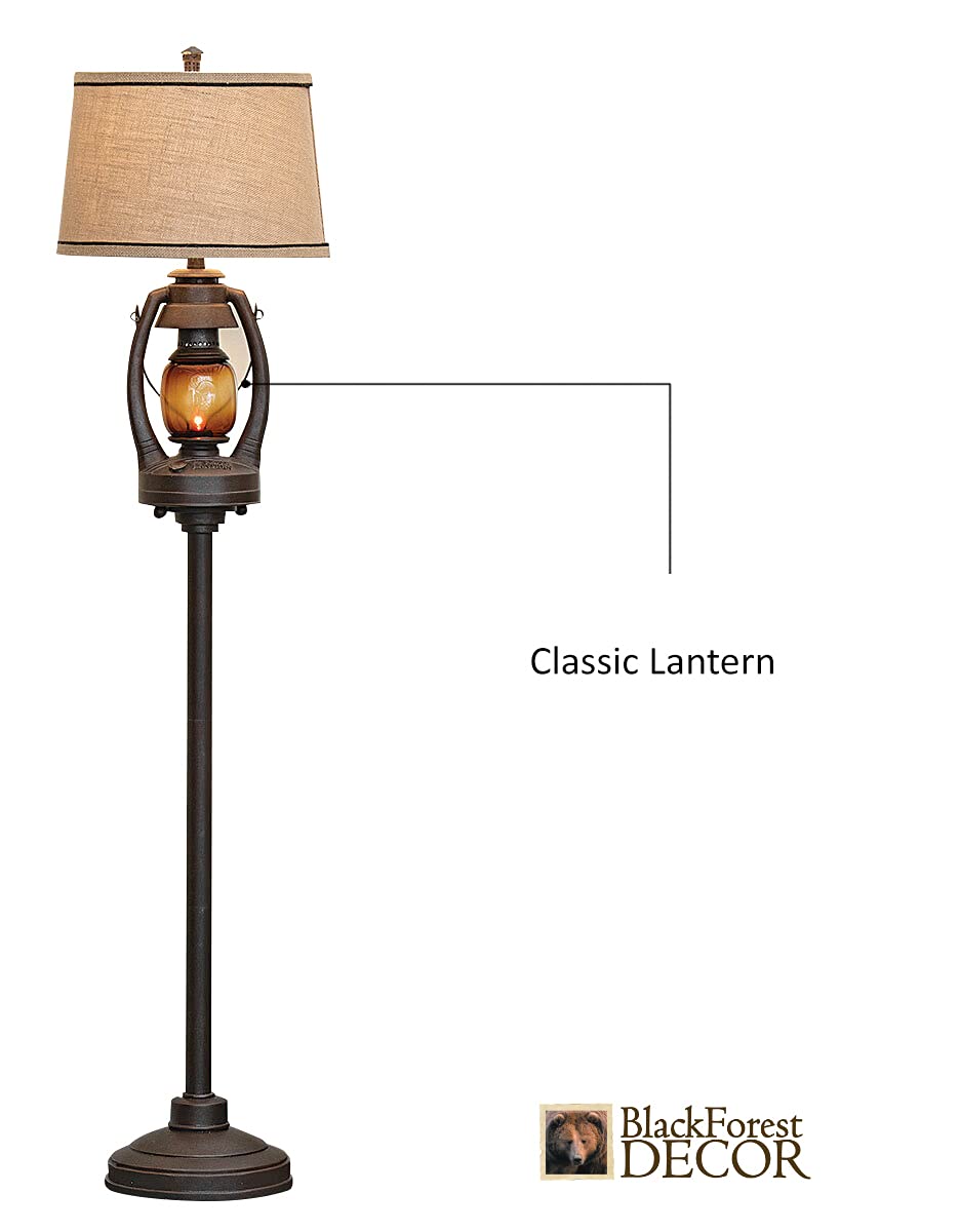 Black Forest D?Or Vintage Lantern Floor Lamp With Burlap Shade - Rustic Lodge Standing Lamp
