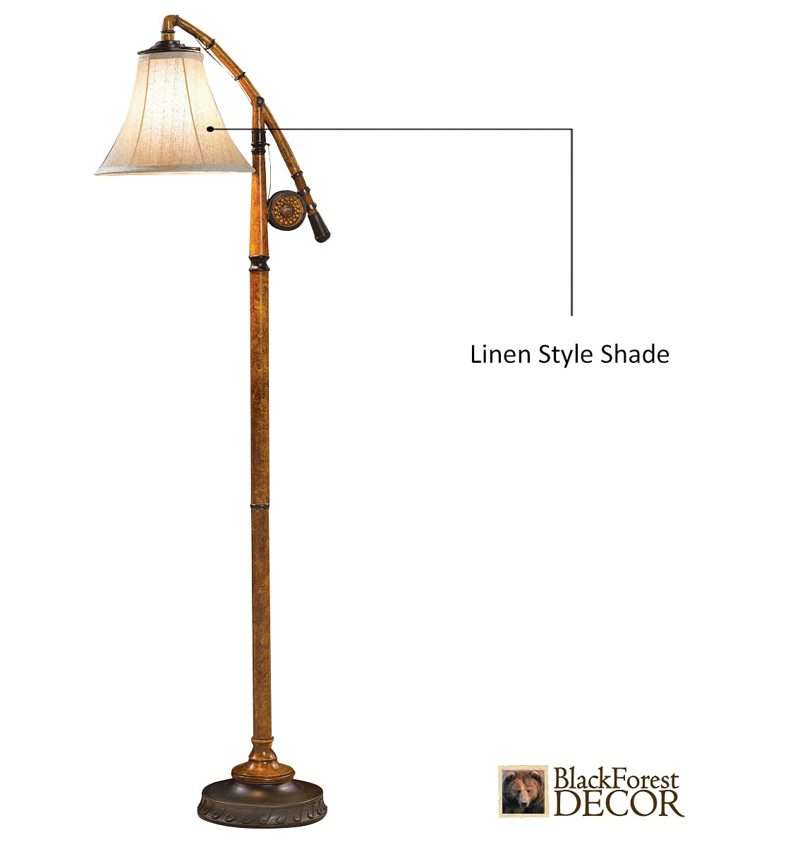 Black Forest D?Or - Fishing Pole Floor Lamp With Linen Shade, Cast Resin Construction - Vintage Lakeside Style - 19'' W X 63'' H