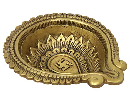 Shalinindia Brass Metal SwastikaDiyafor Puja and Aarti Ghee Oil Wick Lamp 1.5 x 6.5 x 5.5 inches 765 Grams