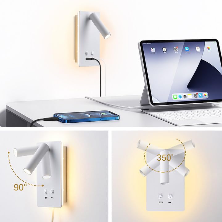 MOLUOLA LED Wall Lamp Wall Mounted Sconce with USB Ports, 9W+3W Night Light, 1 Pack, White, Model S07G-Black