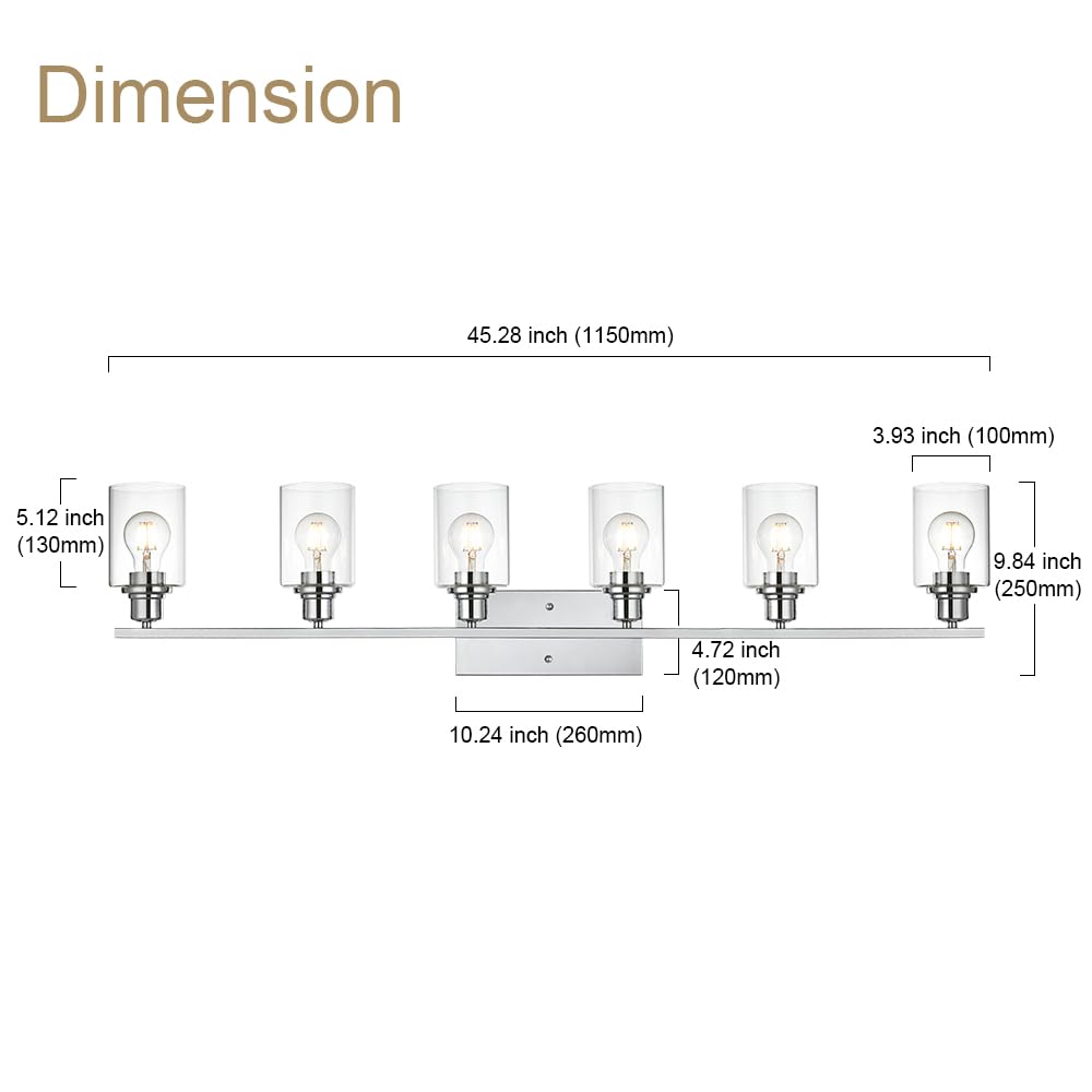 VINLUZ Bathroom Vanity Light Fixture, 6 Lights, Chrome Finish, Clear Glass Shade, Model cc0d4297-85a5-4b08-bbd2-a70658a4