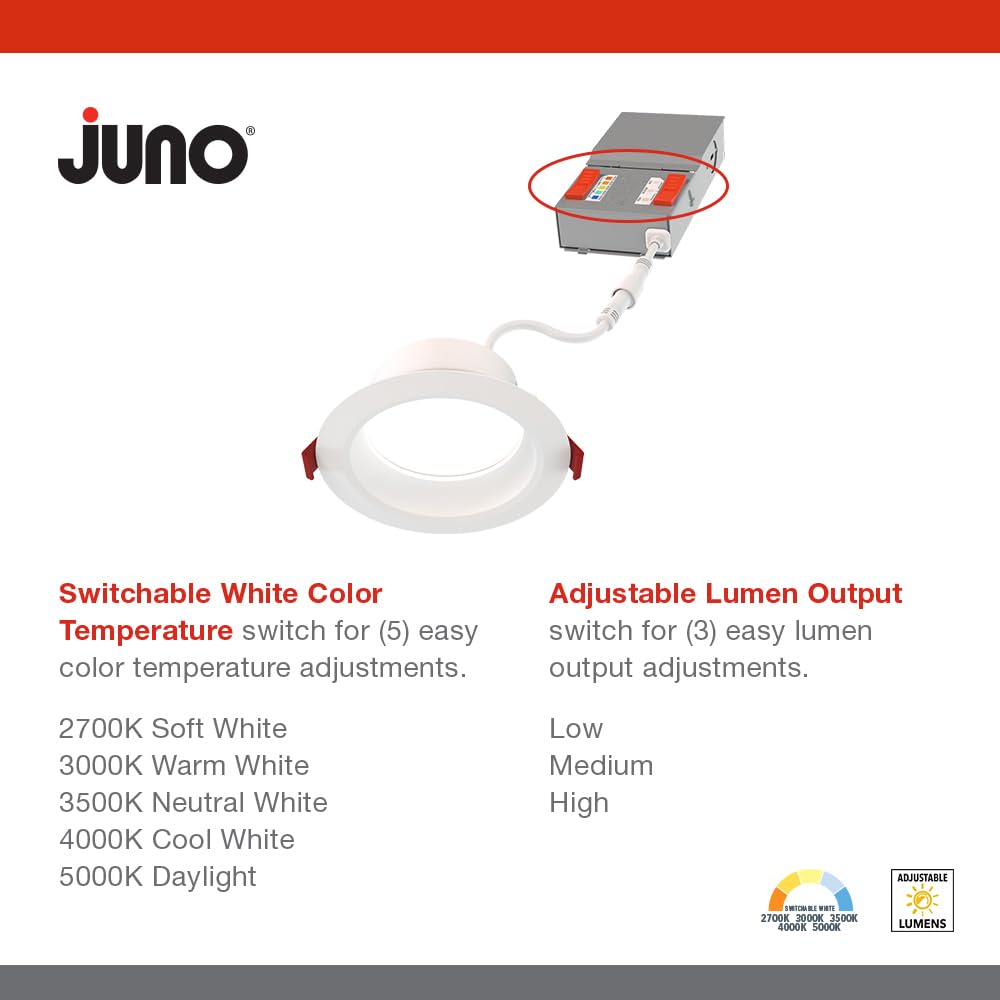 Juno Canless LED Wafer Light - 4-Inch Round Downlight, Switchable Color Temp 2700K-5000K, Matte White, Model WF4 DREG SM ALO