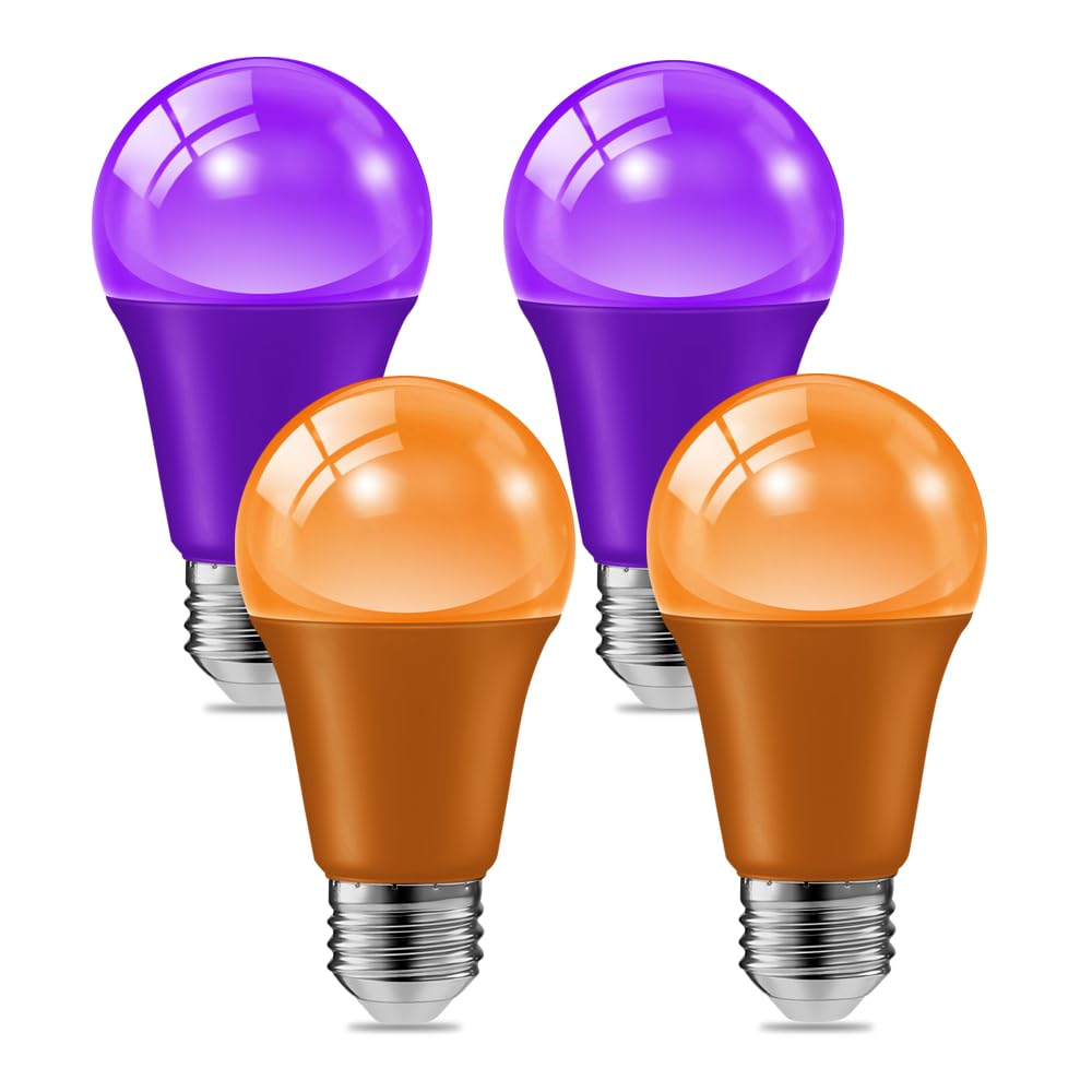 Haraqi 4 Pack 9W (60W Equivalent) 120V E26 Base A19 Led Colored Light Bulb  Purple And Orange Led Lights For Party Christmas Decor And Halloween Lighting