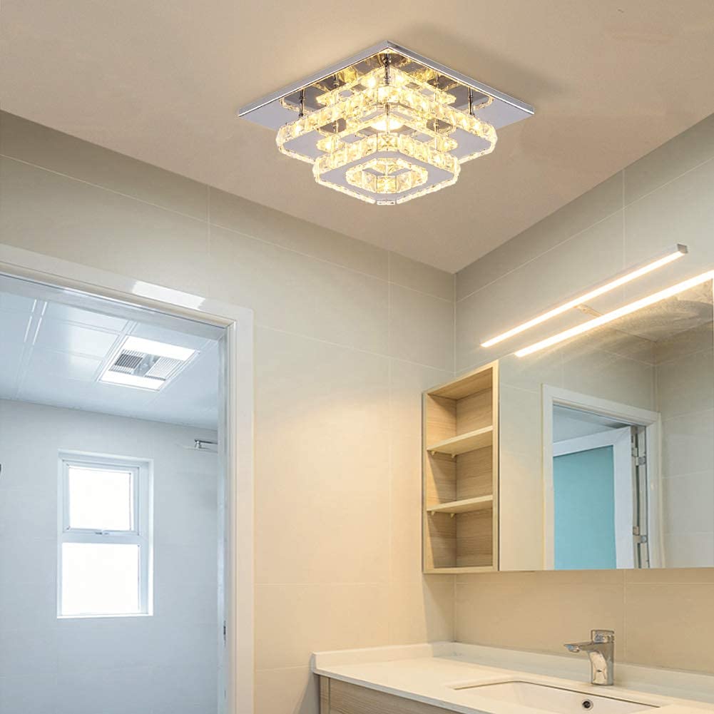 Finktonglan 9.8in Square LED Ceiling Light, Warm White 3000K, K9 Crystal & Mirror Stainless Steel, Model MC021
