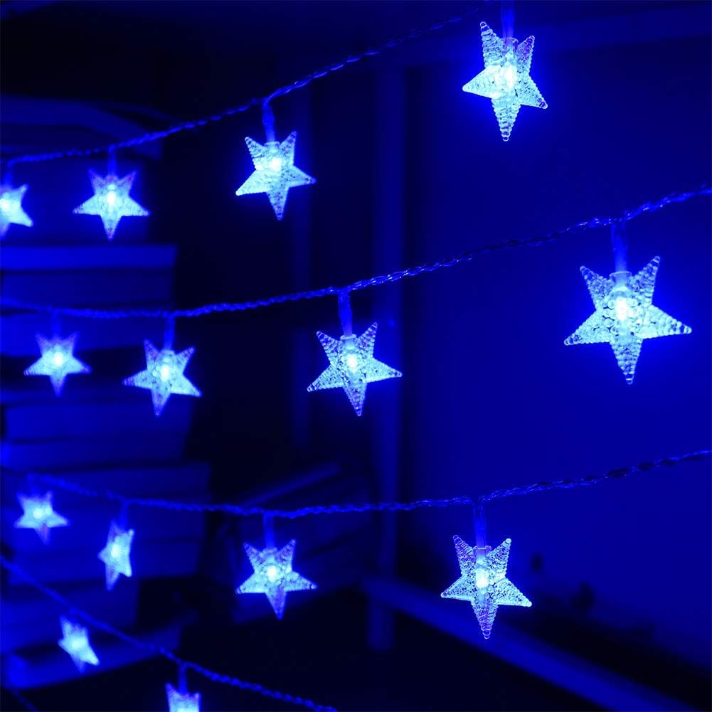 Minetom String Lights - 33 ft, 100 LED, Blue and White Star, Waterproof, Remote & Timer, 8 Modes for Tent, Patio, Balcony, Staircase
