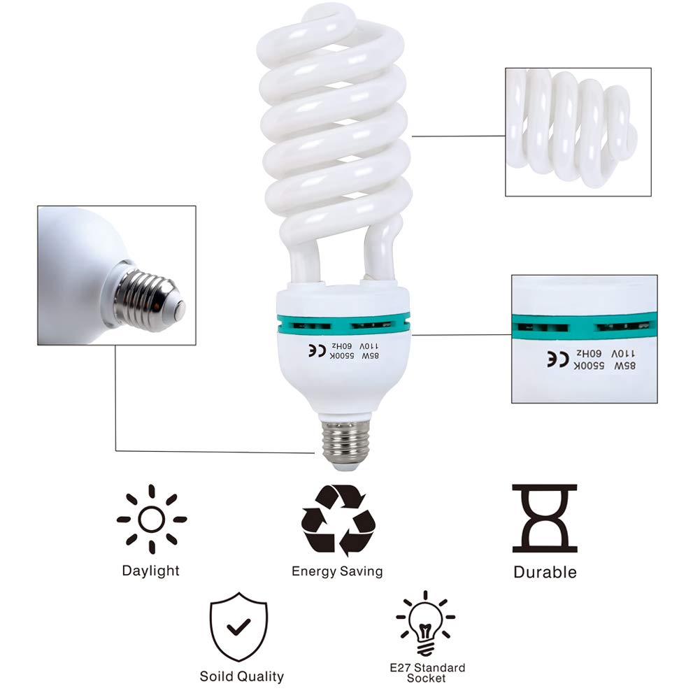 Aqirui 85W Light Bulb 5500K Cfl Daylight Spiral Softbox Bulb In E27 Socket For Photography Photo Video Studio Lighting White 1 P