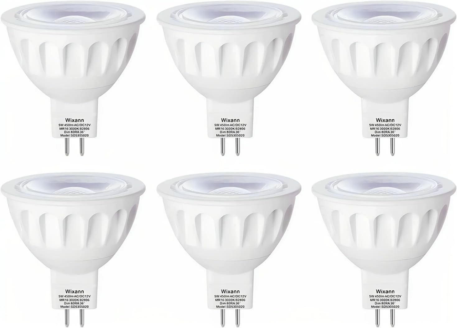 Wixann MR16 LED Bulb 5W 3000K Soft Warm White 450Lm GU5.3 Bi-Pin Base 6 Count Not Dimmable