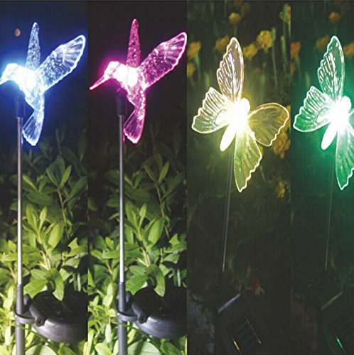 Solaration Solar Stake Lights Set, Hummingbird & Butterfly, 32 Inch, Multicolor, Model KB1041, Stainless Steel & Acrylic
