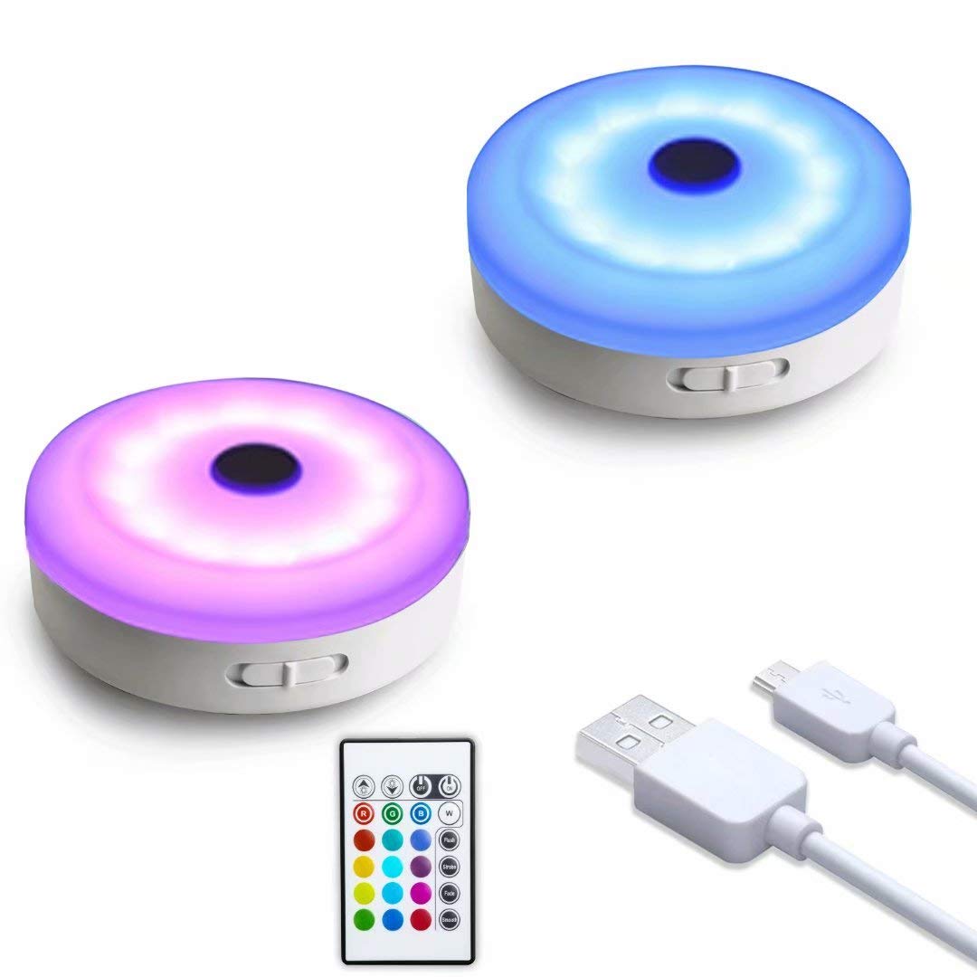 WOBSION Puck Lights, Remote Color Changing LED Under Cabinet Lighting, USB Rechargeable, 2 Pack, RGB