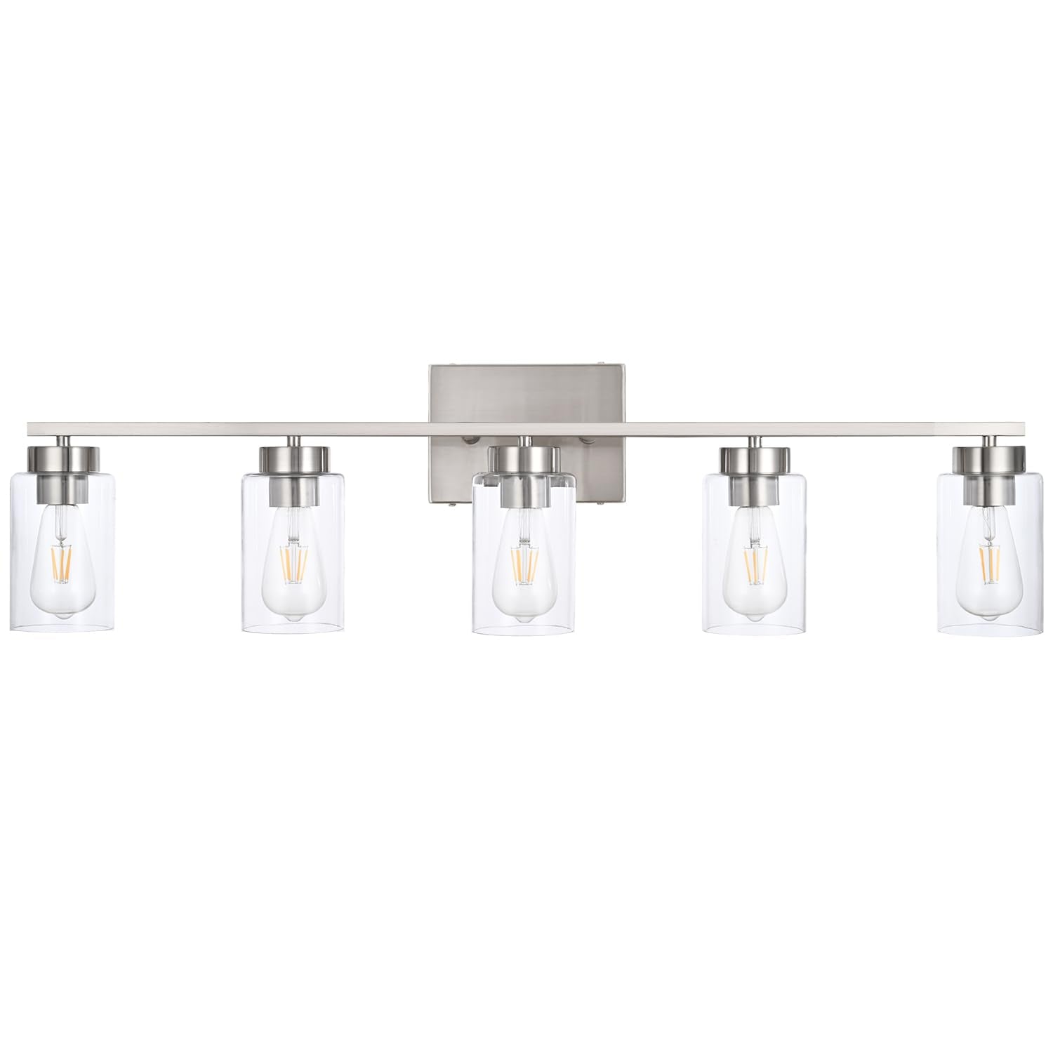 A1A9 5 Light Bathroom Vanity Light Fixture, Brush Nickel, Metal, Clear Glass Shade, Model NF-22406