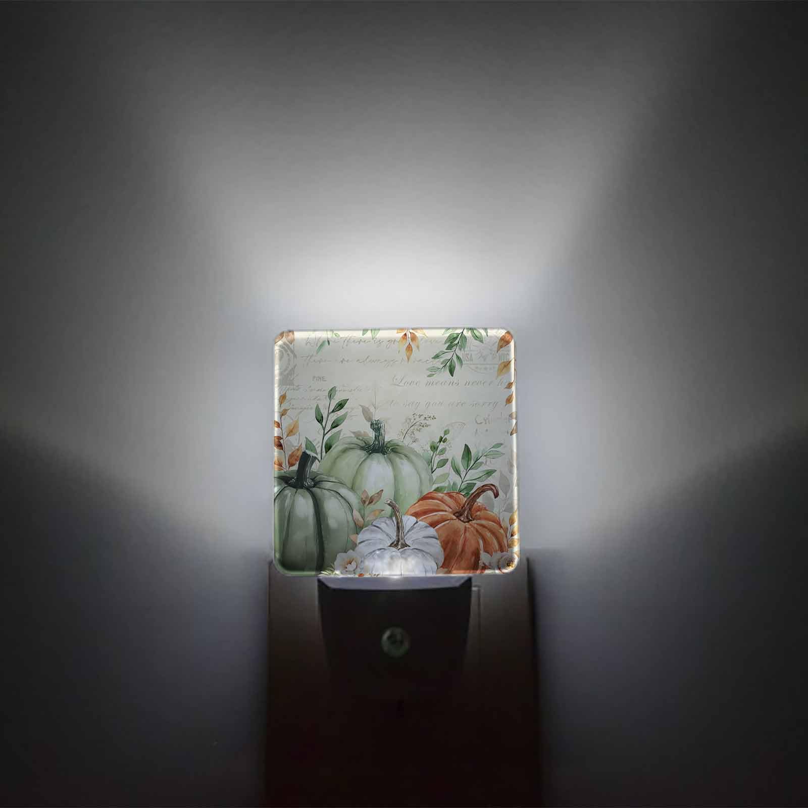Fall Night Lights Auto Sensor Sage Green Pumpkin Plug-In Led Nightlights Dusk To Dawn For Living Room  Bedroom  Bathroom  Kitchen  Hallway  Stairways Thanksgiving Holiday  Floral Eucalyptus Leaves