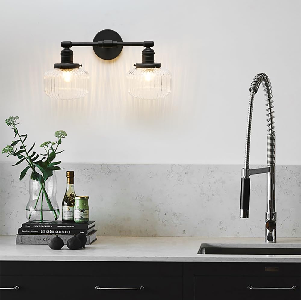 JIMUBEAM Industrial Glass Wall Sconces, Antique Brass, 2-Light Fixture for Bathroom, Bedroom, Dining Room, Model JMUS1163H