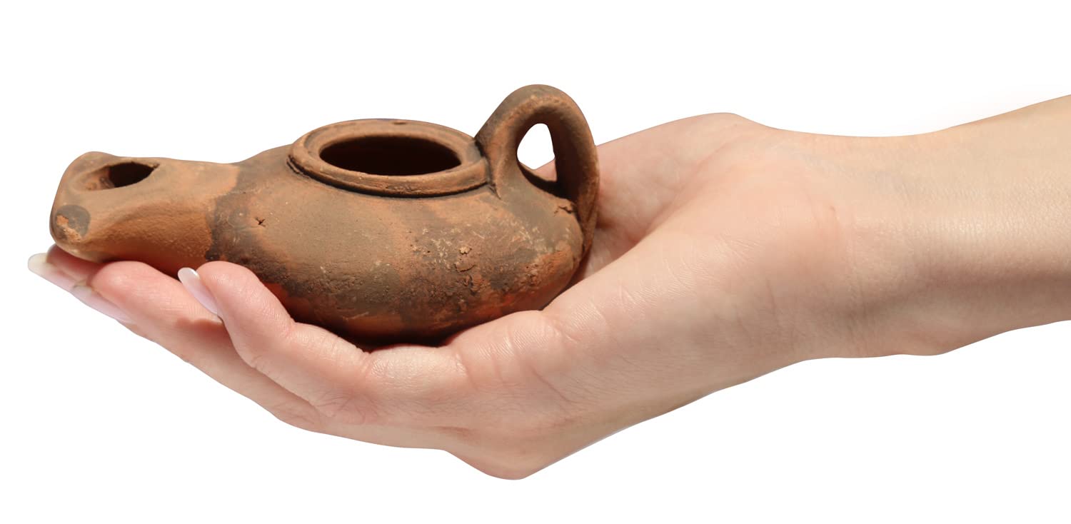 THE JERUSALEM GIFT SHOP Clay Oil Lamp Replica - Herodian Brown with Handle, Model HOL, Certificate of Authenticity, Judaica/Christian Gift