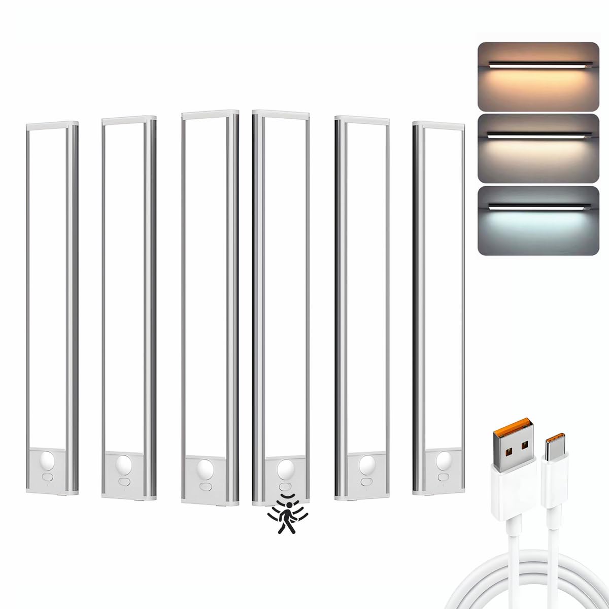 BLE Lighting Under Cabinet Light, 6 Pack Magnetic Motion Sensor Light Indoor, USB Rechargeable Battery Operated LED Closet Light