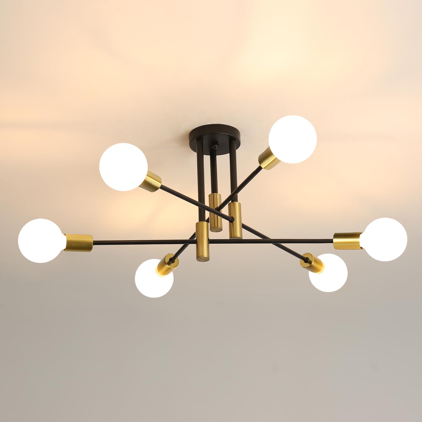 DELIPOP Sputnik Light Fixture, 6-Light Black Gold Dining Room Light Fixture, Mid-Century Modern Ceiling Light Fixture for Living