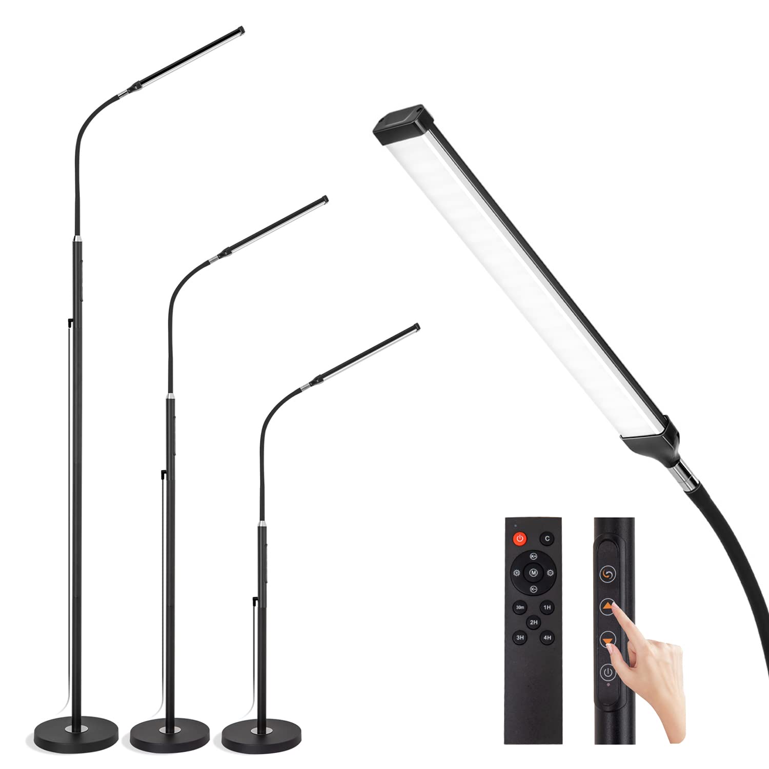 Xxean Led Floor Lamp With Remote Touch Control,Dimmable 18W Pole Lamps For Living Room,70'' Adjustable Height Standing Reading Light With 10 Brightness/5 Timer/3 Colors For Lash Tatto Esthetician