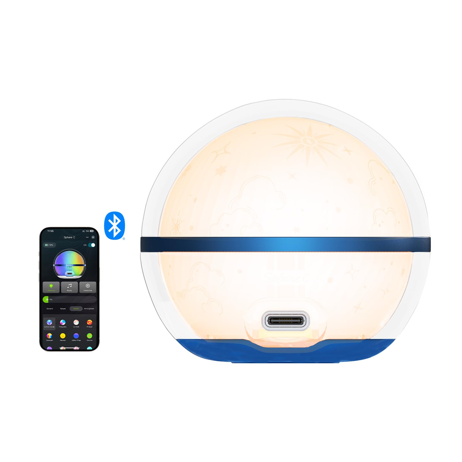 OLIGHT Sphere C Smart Night Light, USB-C Rechargeable, Ambient Table Lamp with APP Control, 75 Lumens RGB Dimmable Bedside lamp,