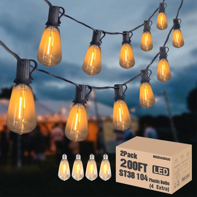 200Ft Outdoor Edison String Lights For Outside Led Waterproof 2200K Patio Lights With 104 St38 Shatterproof Plastic Bulbs Soft W