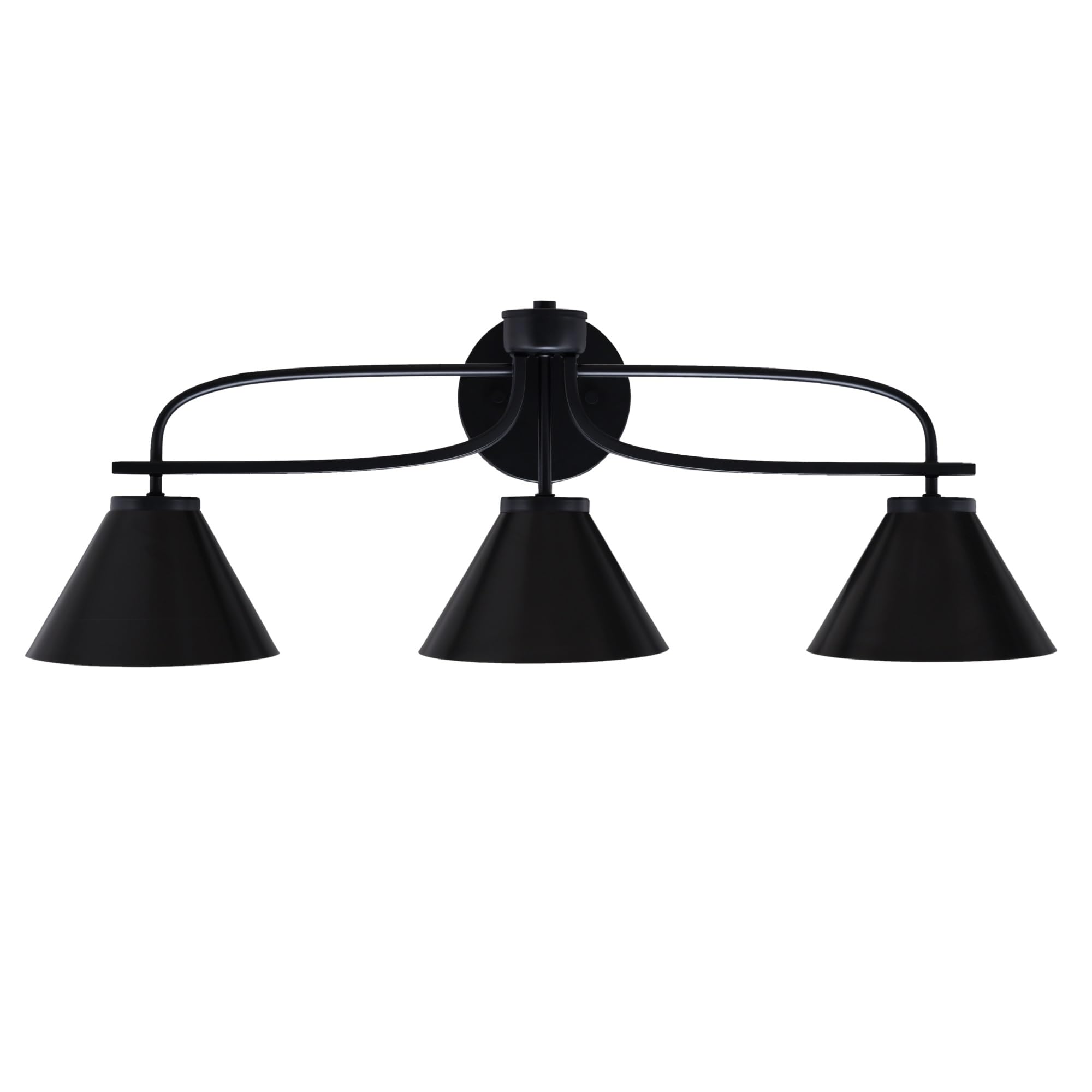 Cavella 3 Light Bath Bar Shown In Matte Black Finish With 7" Matte Black Cone Metal Shades