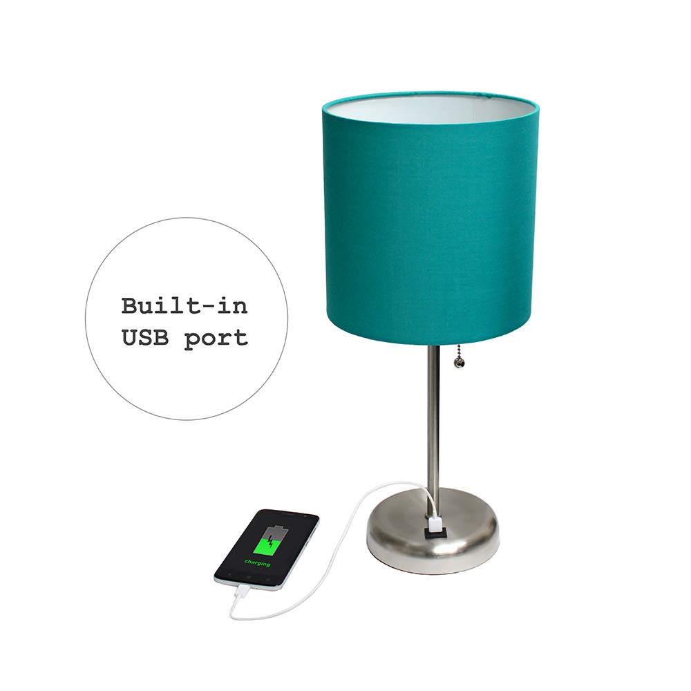 Simple Designs Lt2044-Tel Brushed Steel Stick Table Desk Lamp With Usb Charging Port And Drum Fabric Shade, Teal Shade