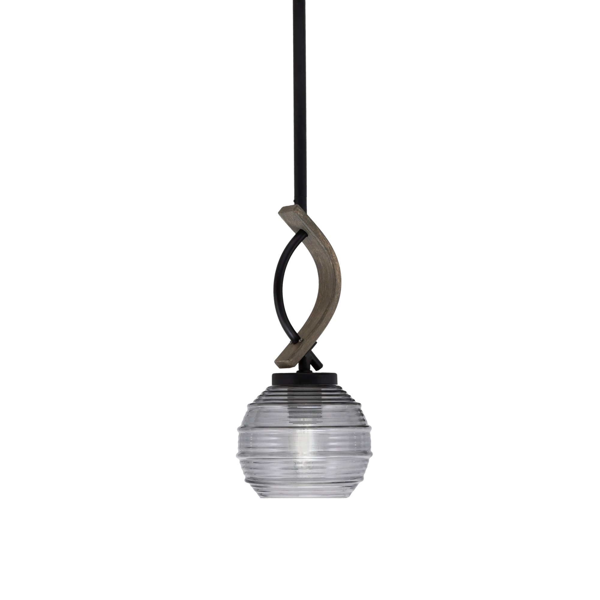 Toltec Lighting Monterey Mini Pendant - Matte Black, Distressed Wood-Look Metal, 6in Smoke Ribbed Glass
