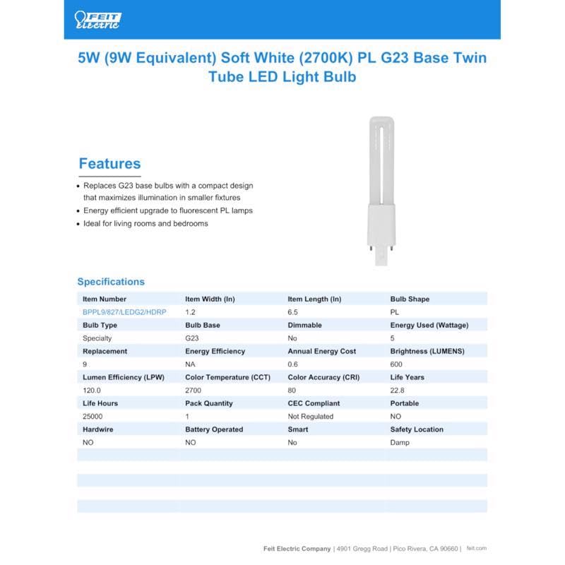Feit Electric PL G23 LED Tube Light, Soft White, 9W Equivalent, Plastic, One Size, 1 Pack