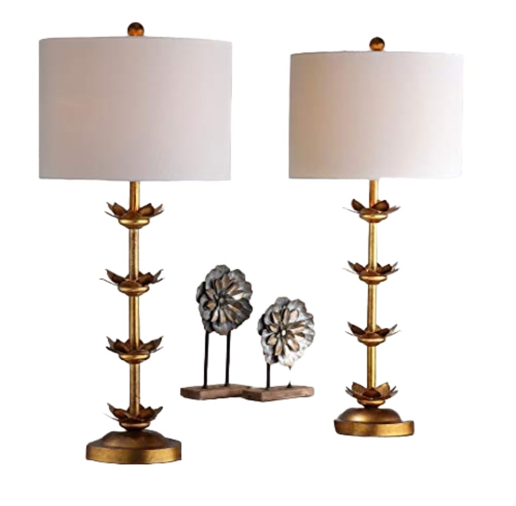 Safavieh Table Lamp Set of 2, Antique Gold Leaf, 32 Inch, White, Metal, Model TBL4016A-SET2, LED Bulbs Included