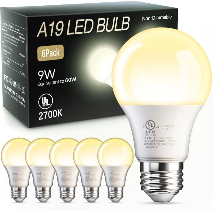 Tjoy 6 Pack A19 Led Light Bulbs, 60 Watt Equivalent Led Bulb, Soft Warm White 2700K, Efficient 9W, E26 Standard Base, Non Dimmab