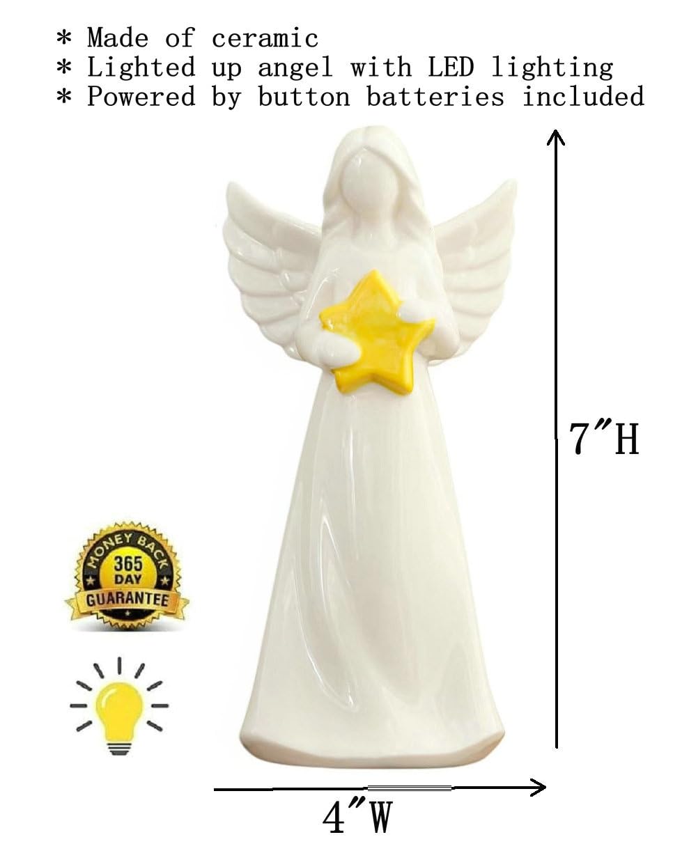Adavas.Y&G Porcelain Angel With Star Collectible Figurine - Guardian Statue Lighted Up Night Light Lamp 7'' H