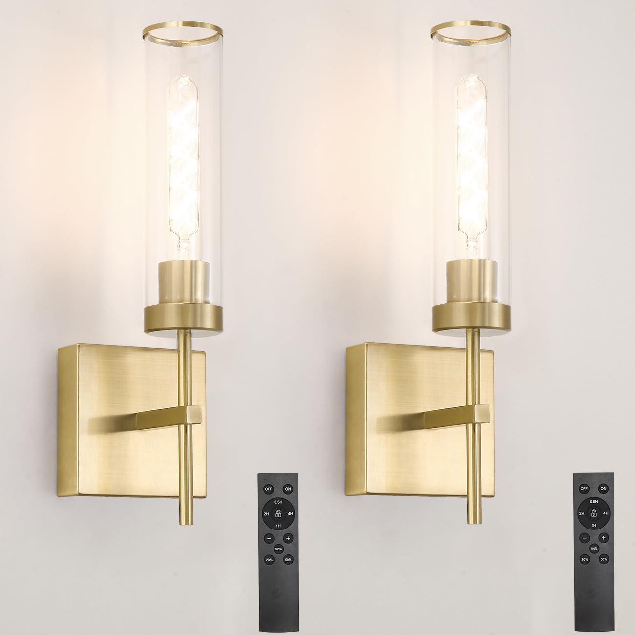 DSMJFU Gold Battery Operated Wall Sconce Set of 2, USB Rechargeable, Dimmable Glass Light Fixture, 15.94in, Model DX23082G1-CL-