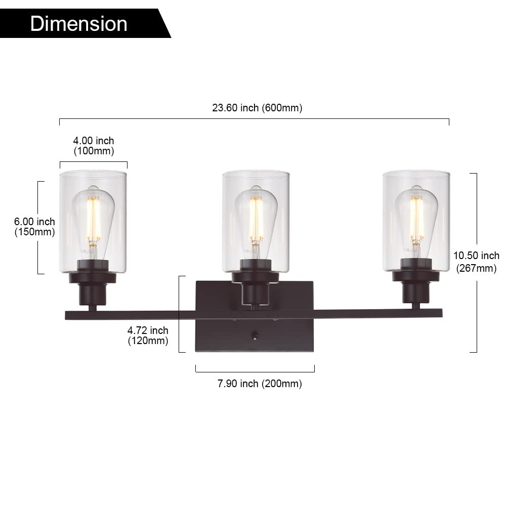 MELUCEE 3 Light Bathroom Vanity Light Oil Rubbed Bronze, Industrial Wall Light Fixture with Clear Glass Shade Sconces for Bedroo