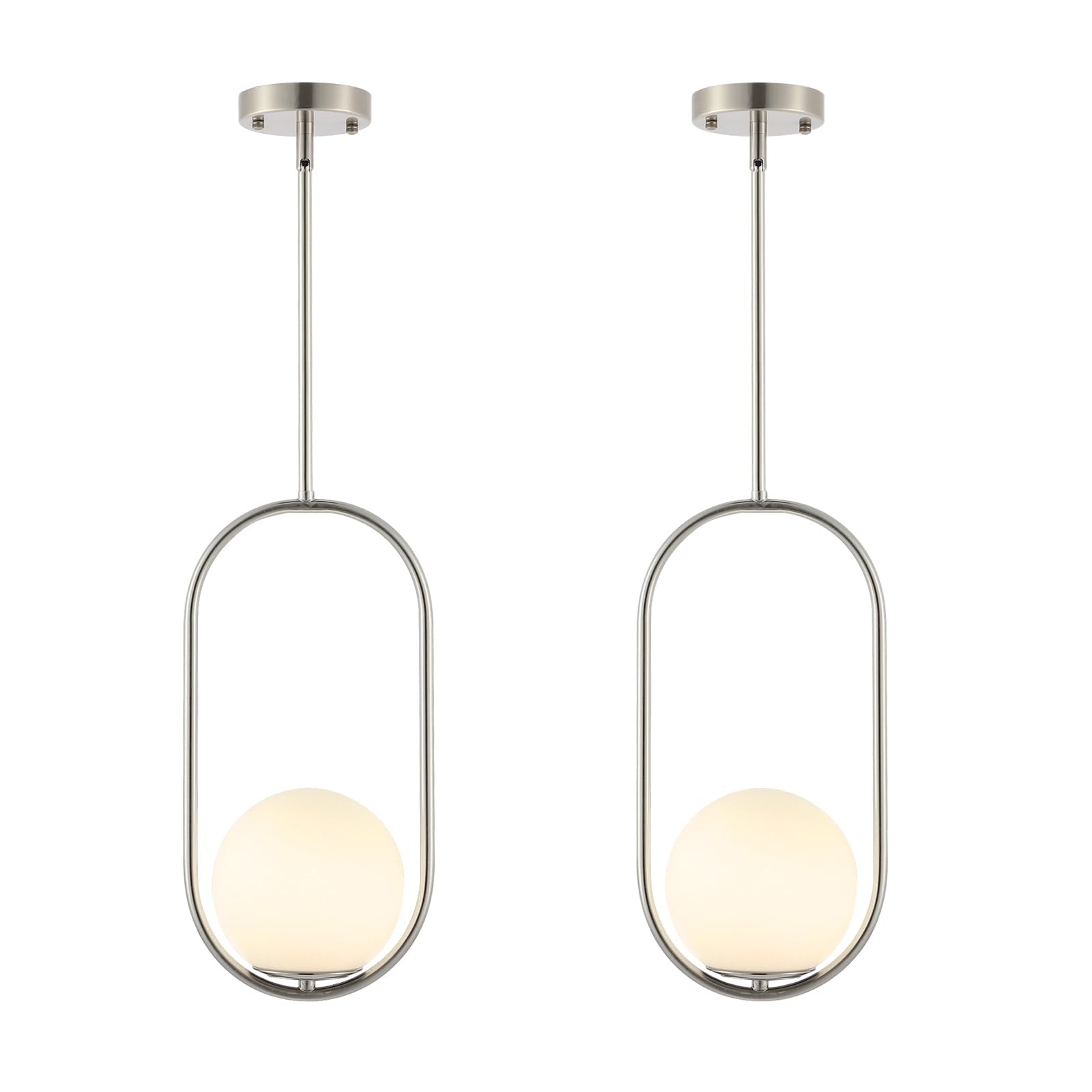BYOLIIMA Modern Globe Pendant Light Brushed Nickel Chandelier 1-Light Mid Century Ceiling Hanging Lighting Fixture White Globe G
