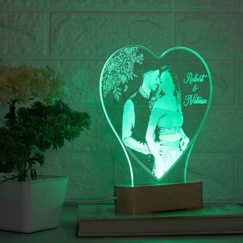 Artistic Gifts Acrylic Personalized Heart Shape 3D Illusion Photo Lamp For Couples|Photo Frame With Customized Photo,Name And Da