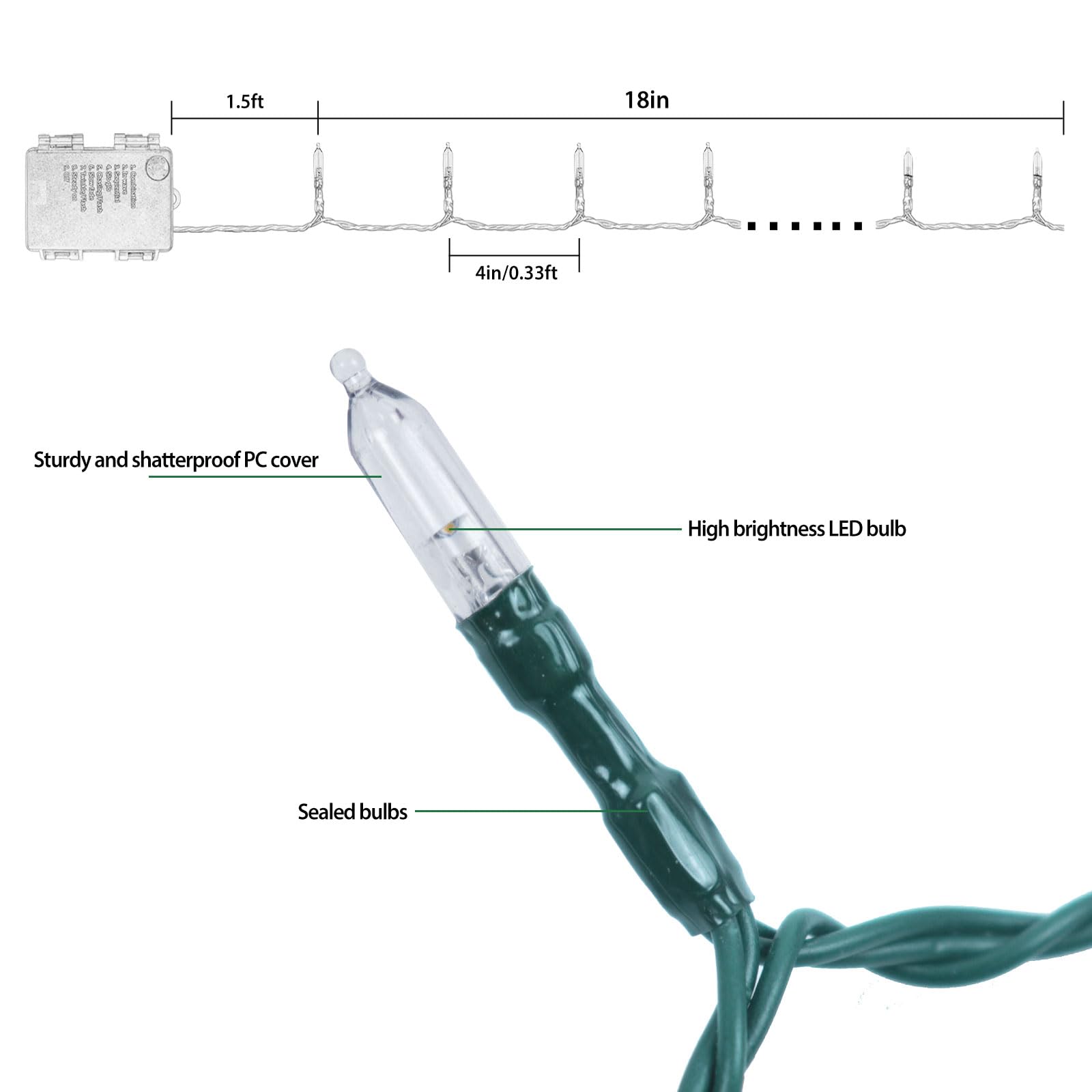 2Pc Battery Operated Christmas Lights, 33Ft 100 Led Warm White String Lights With Auto Timer & 8 Modes & Remote Control, Shatterproof Waterproof For Outdoor Indoor Wedding Party Home, Green Wire
