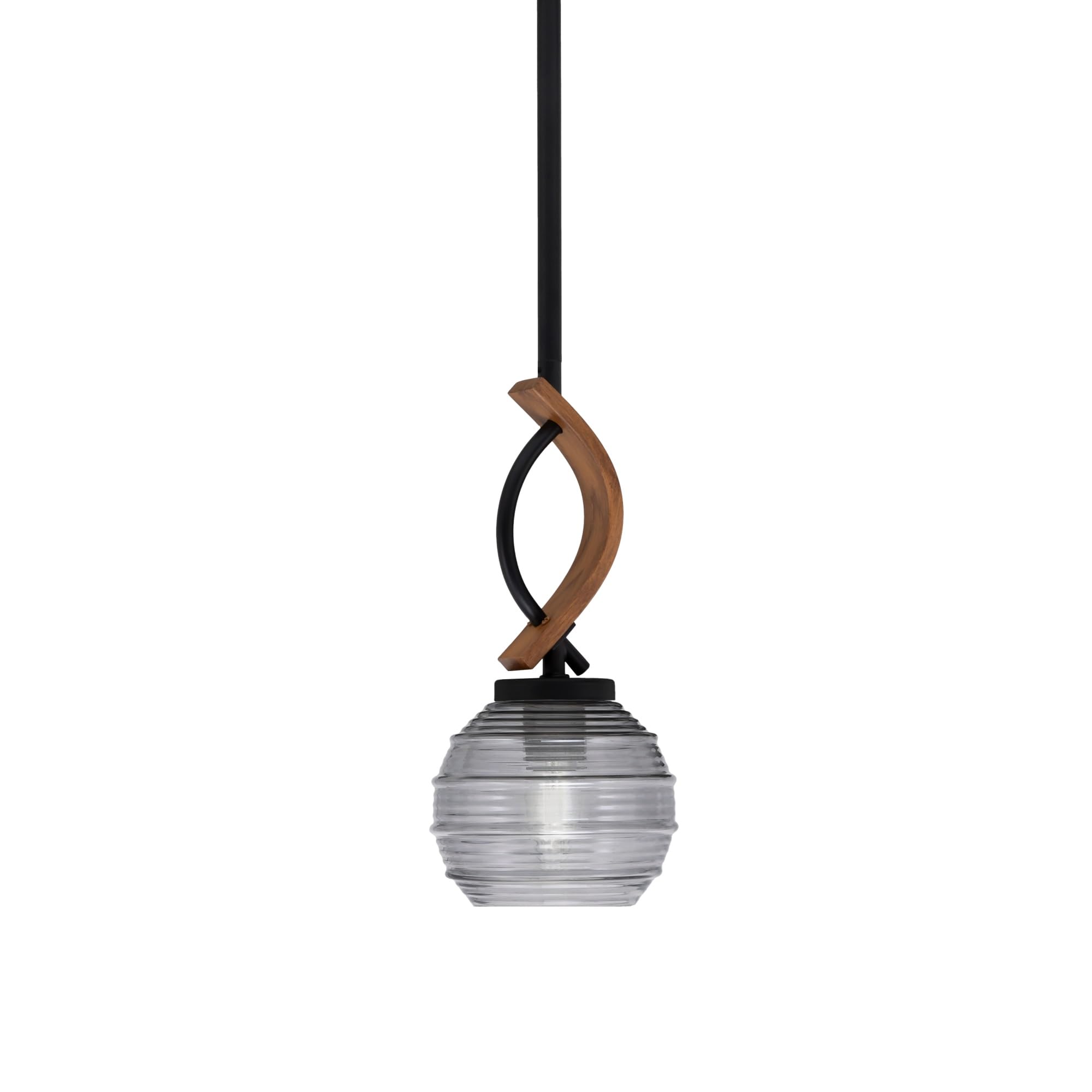 Toltec Lighting Monterey Stem Hung Mini Pendant, Matte Black & Wood-Look Metal, 6in Smoke Ribbed Glass