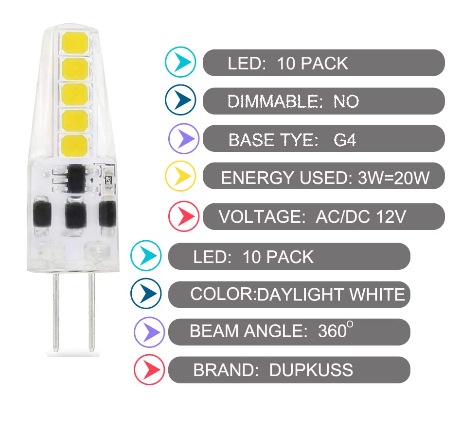 Dopkuss G4 Led Bulb 10 Pack Bi-Pin Base Ac 12V 24V G4 Led Bulb 2W 20W Halogen Replacement 6000K Warm White Dustproof Shockproof