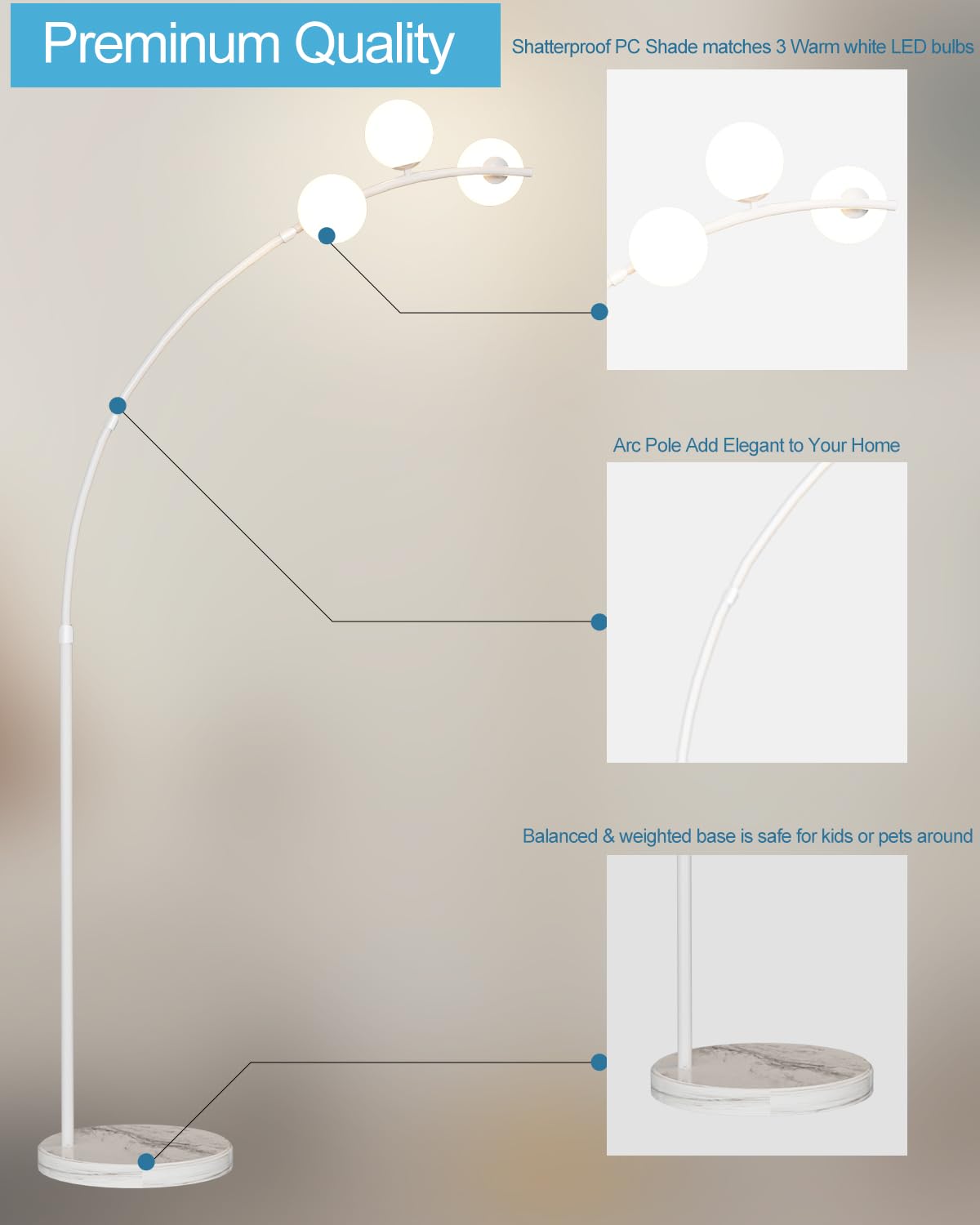 Lightdot 3 Globe Arc Floor Lamp, Metal, Shatterproof Shade, White, Model LFLL-81