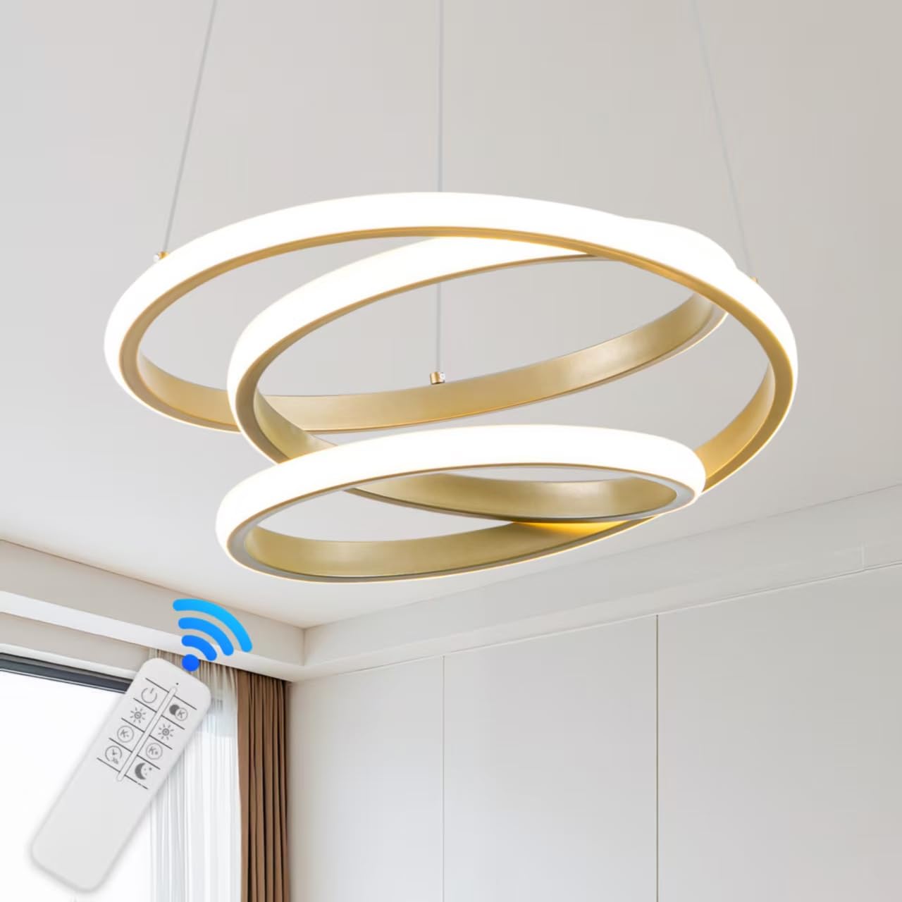 Mayful Modern Chandelier With Remote Control  3-Color Dimmable Led Pendant Light Fixtures  Height Adjustable Kitchen Island Lighting For Dining Room Bedroom Living Room Foyer Office Gold 13.78 Inches