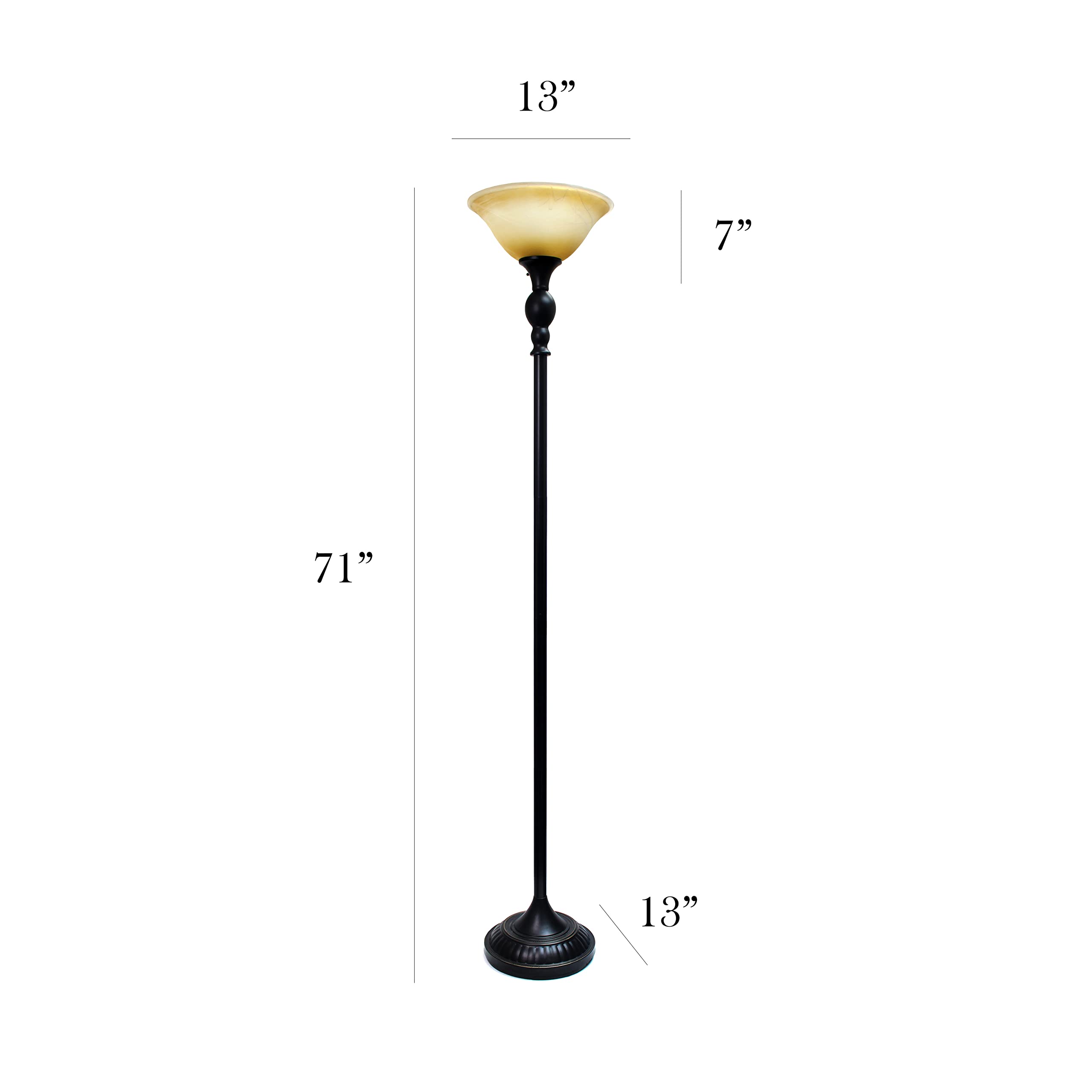 Elegant Designs LF2001-RBZ Torchiere Floor Lamp, Restoration Bronze, Amber Glass Shade, 13 x 13 x 71 Inches