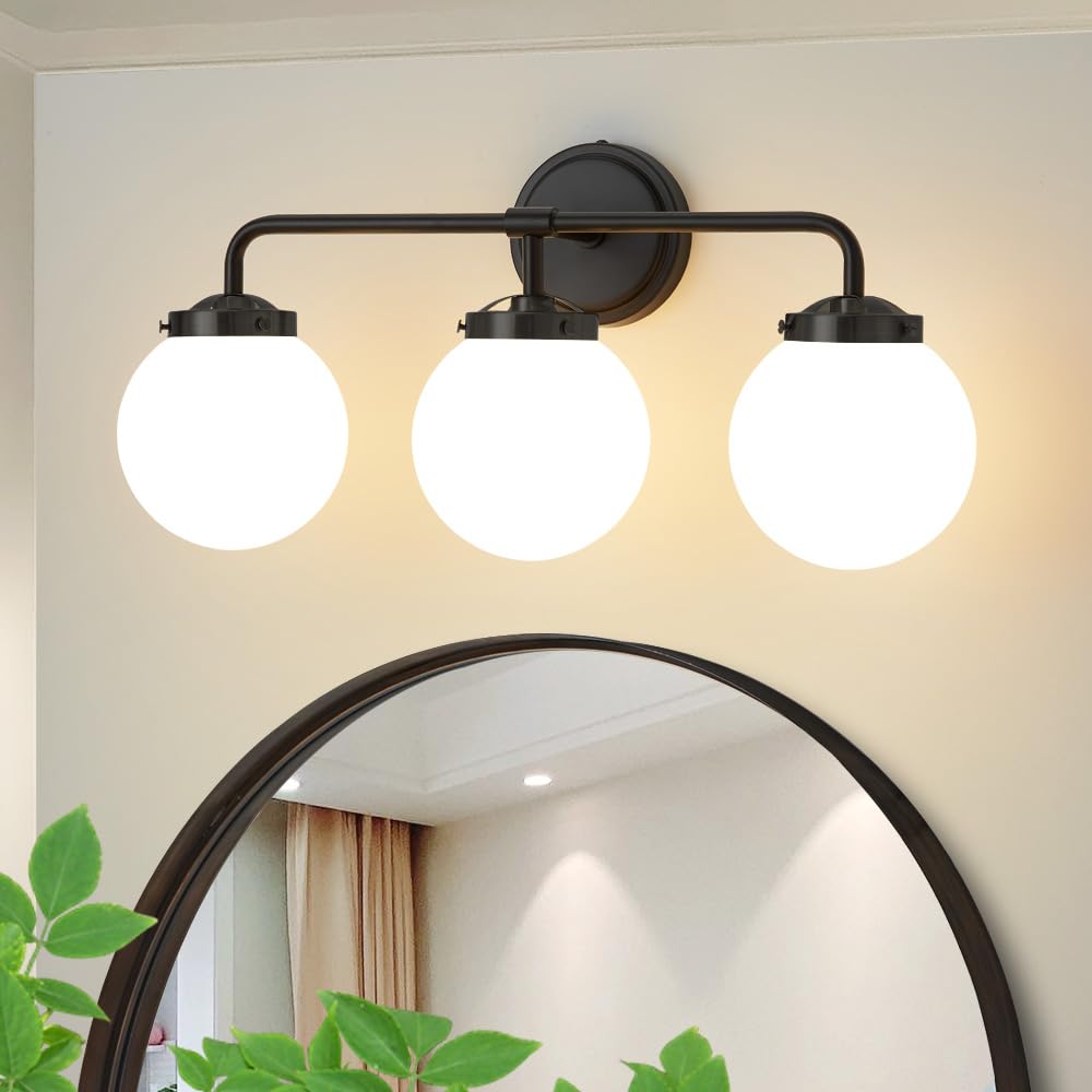 Deyidn Black Bathroom Light Fixtures Over Mirror, 3-Light Modern Vanity Lighting With Milk White Glass Globe Shade Wall Sconce